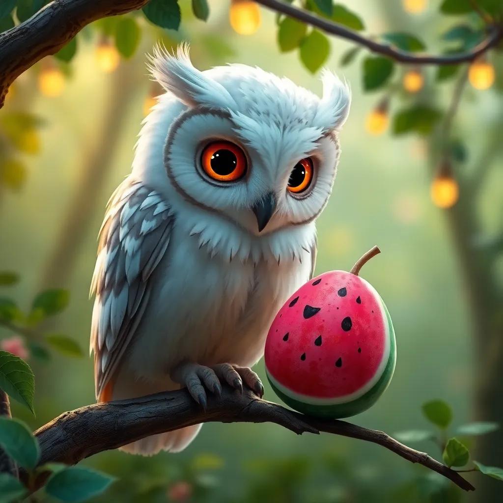 A wise old owl named Oliver, with white feathers and sparkling eyes, perched on a branch, looking down at James the pink watermelon, in a magical forest, detailed, enchanting, warm light, high quality