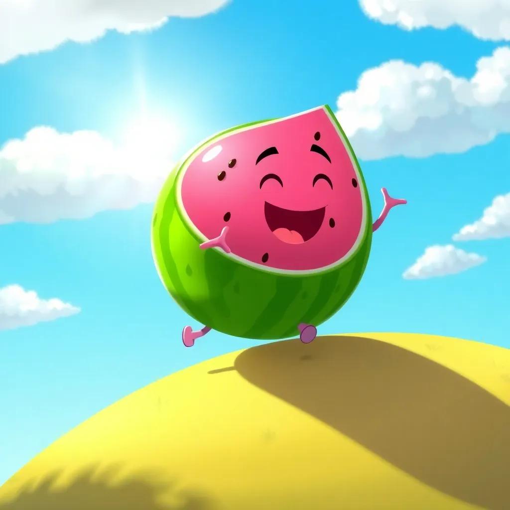 James the pink watermelon rolling down a hill, bouncing with joy, sun shining on him, with a blue sky and fluffy clouds above, cheerful, vibrant colors, child-friendly, high quality