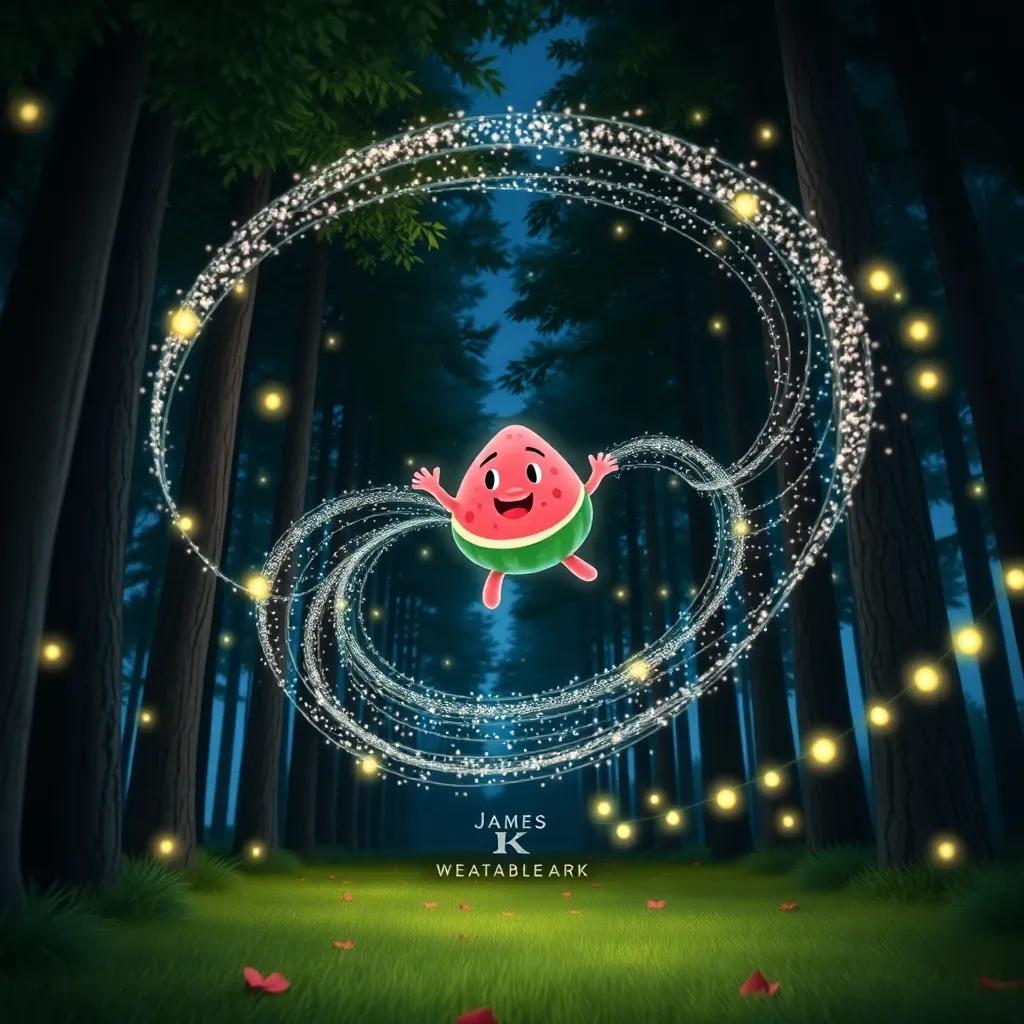 A swirl of glittery winds dancing among tall trees, with James the pink watermelon floating gently in the air, surrounded by twinkling lights, magical, whimsical, high quality