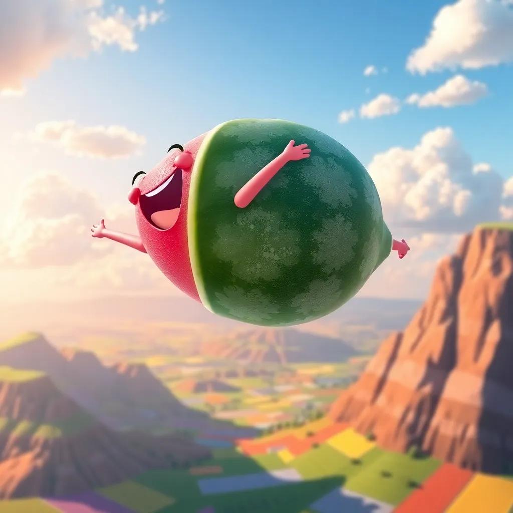 James the pink watermelon soaring high in the sky, with clouds around him, laughing joyfully, colorful patchwork land below him, bright atmosphere, high quality