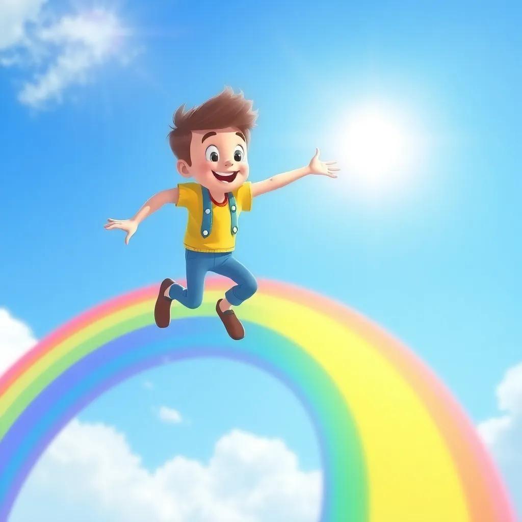 James landing on a colorful rainbow, dancing and spinning around happily, with clear blue skies and sun shining, joyful, magical ambiance, high quality
