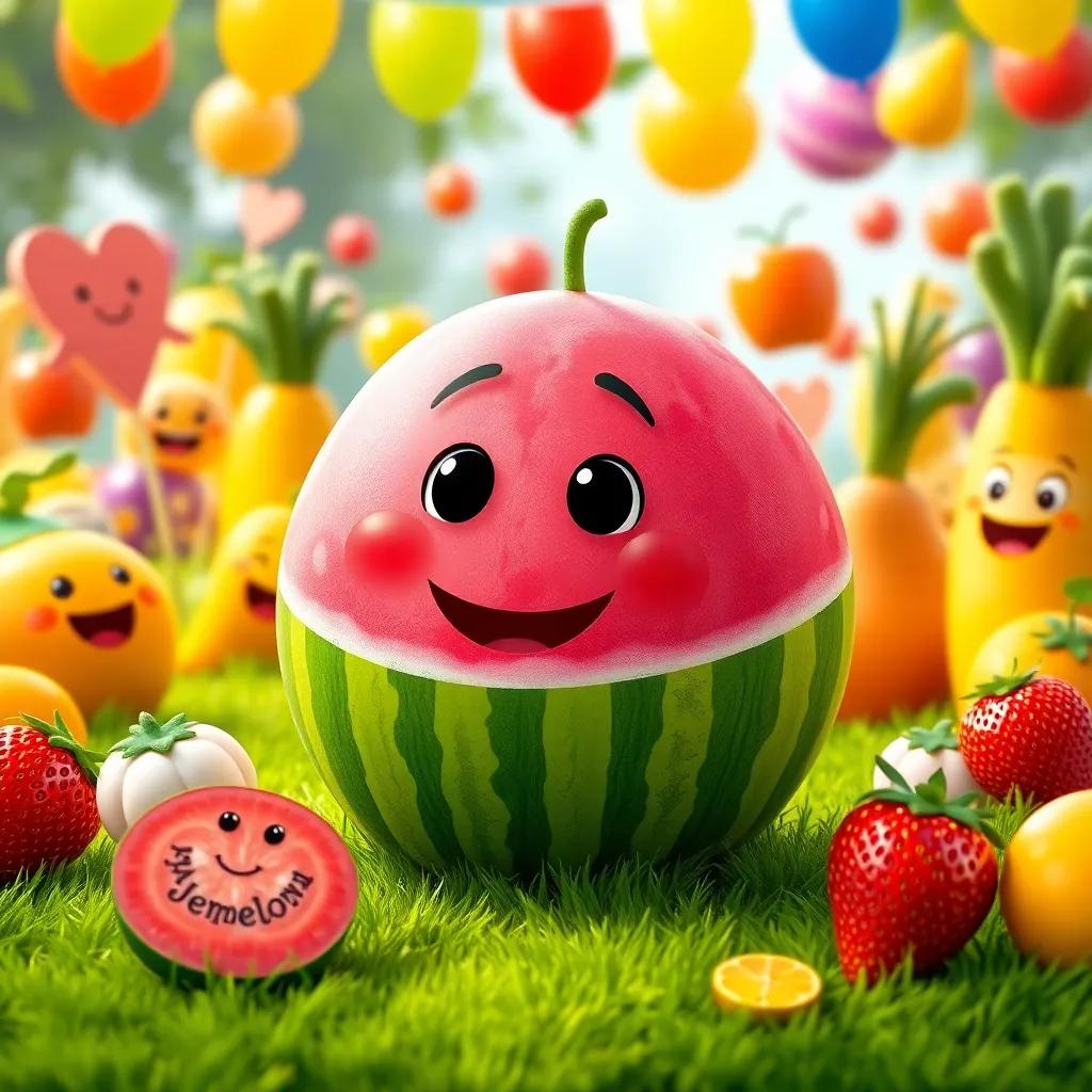 James the pink watermelon on soft green grass, surrounded by cheering fruits and veggies, with bright colors and happy expressions, celebratory atmosphere, high quality