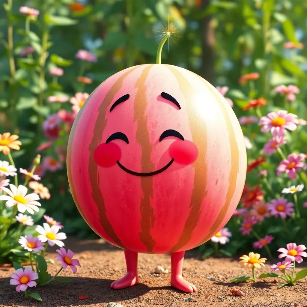 James the pink watermelon smiling with sparkles in his eyes, standing proudly with a garden full of flowers behind him, joyful, vibrant, high quality