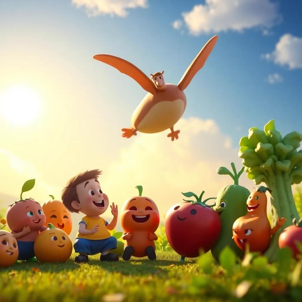 A magical scene showing James telling his friends about his flying adventure under a sunlit sky, with smiling fruits and veggies listening excitedly, vibrant and inviting, high quality