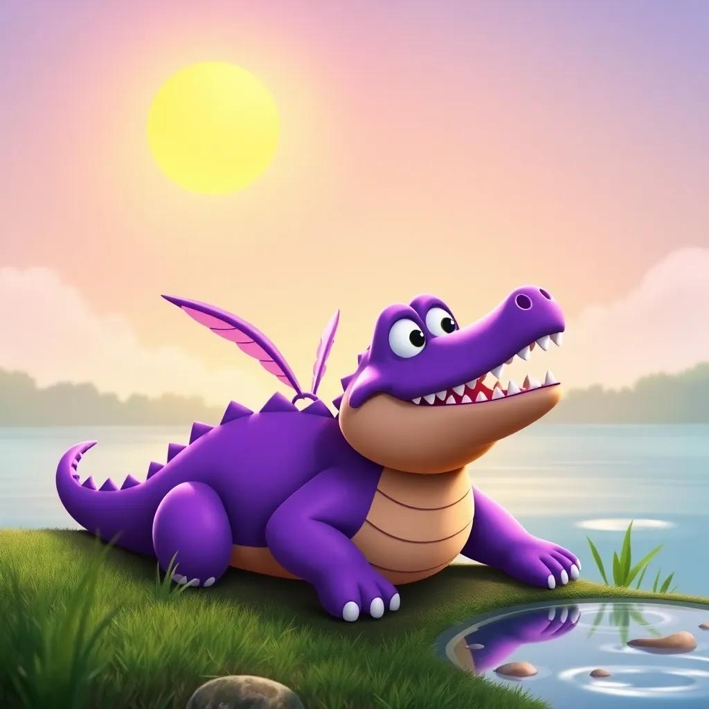 A purple crocodile named James with tiny wings, dreaming of flying, sitting by a river under a sunny sky, digital art, colorful, cheerful atmosphere, bright colors, high quality