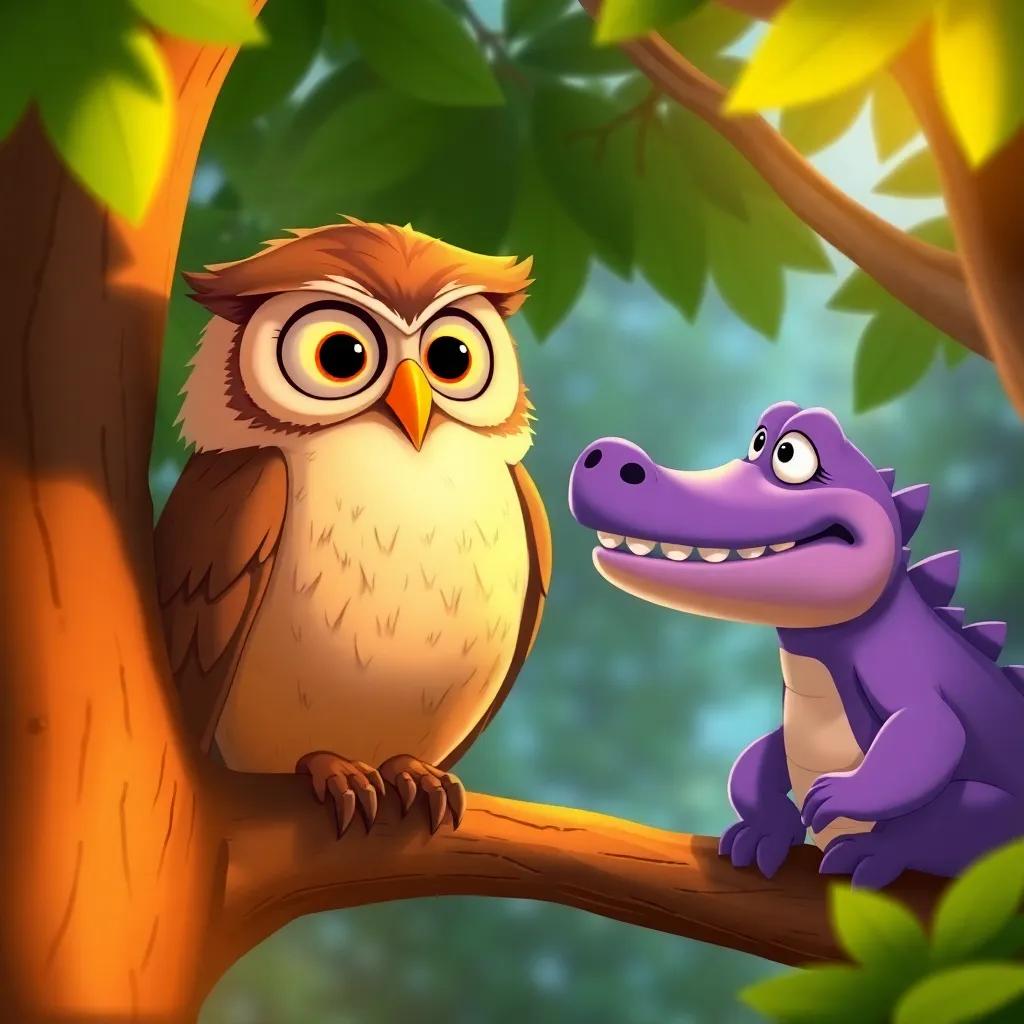 A wise old owl with big round eyes perched on a tree branch, looking curious as James the purple crocodile approaches, surrounded by green leaves, illustration, warm light, friendly, inviting scenery