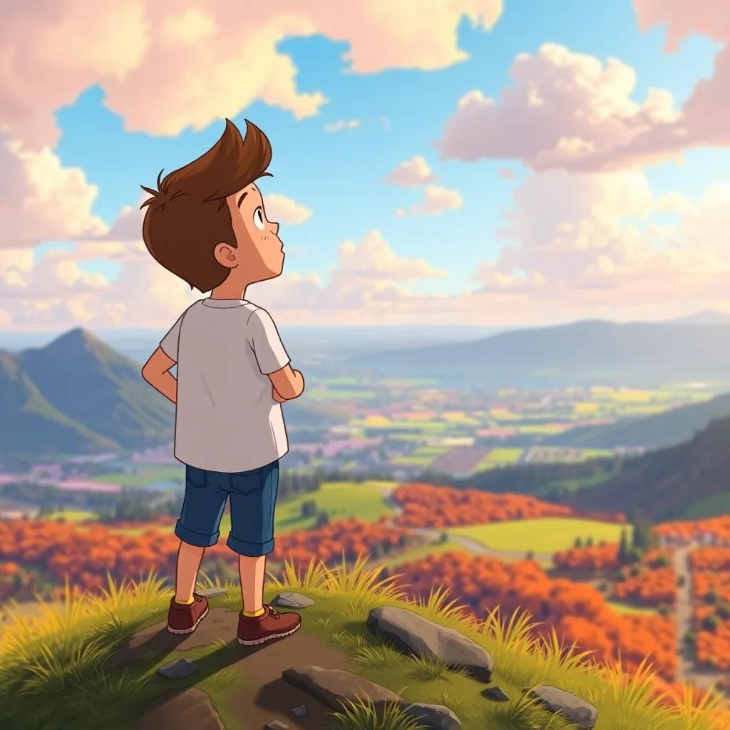 James standing on a hill with a beautiful view, looking nervous but determined, ready to jump into the sky, colorful landscape, uplifting, vibrant colors, perspective from behind, detailed illustration