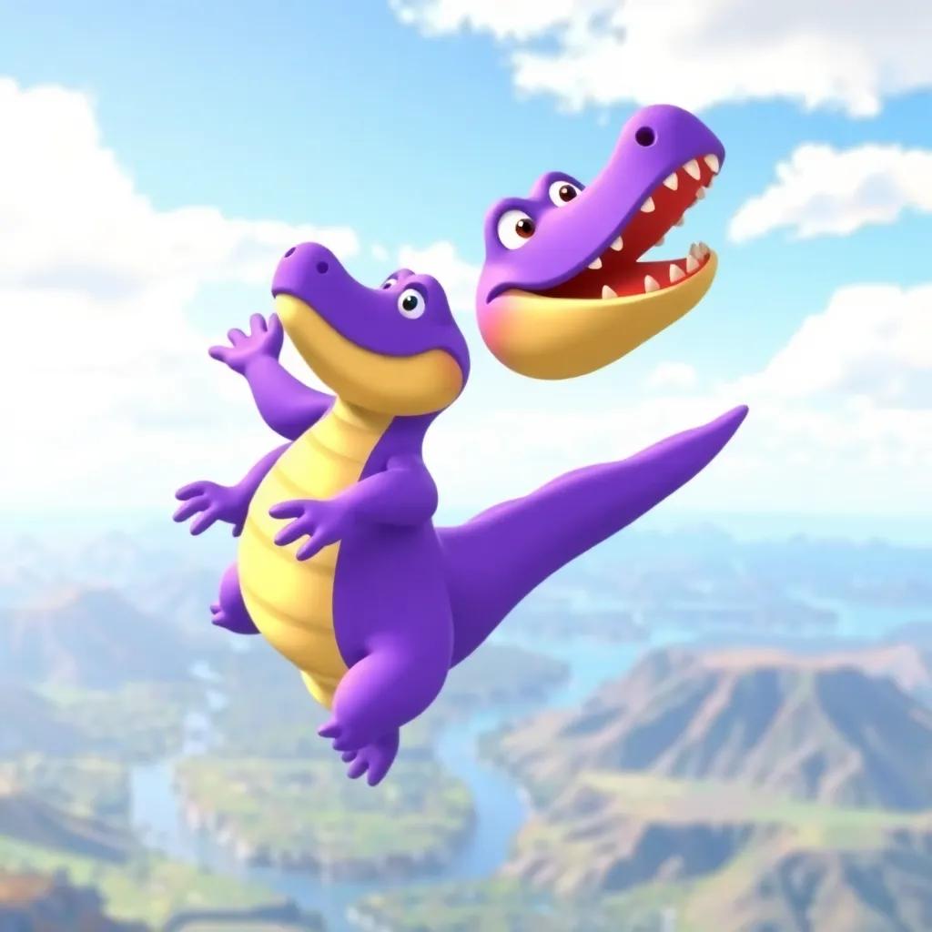 James the purple crocodile soaring high in the sky, flapping his tiny wings with joy, above valleys and rivers, bright blue sky, illustration, energetic, playful, child-friendly, high quality