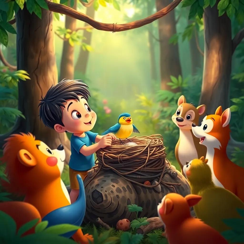 James helping a tiny bird back to its nest, with animals gathering around in surprise and admiration, colorful forest scene, friendly atmosphere, bright natural colors, charming art, detailed