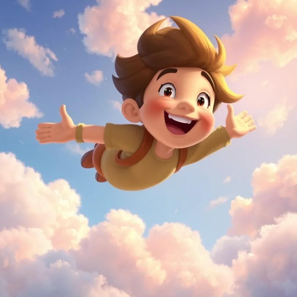 James flying with fluffy friendly clouds, swirling together in the sky, creating a joyful scene filled with laughter and happiness, colorful clouds, digital painting, whimsical, bright, inviting, cheerful