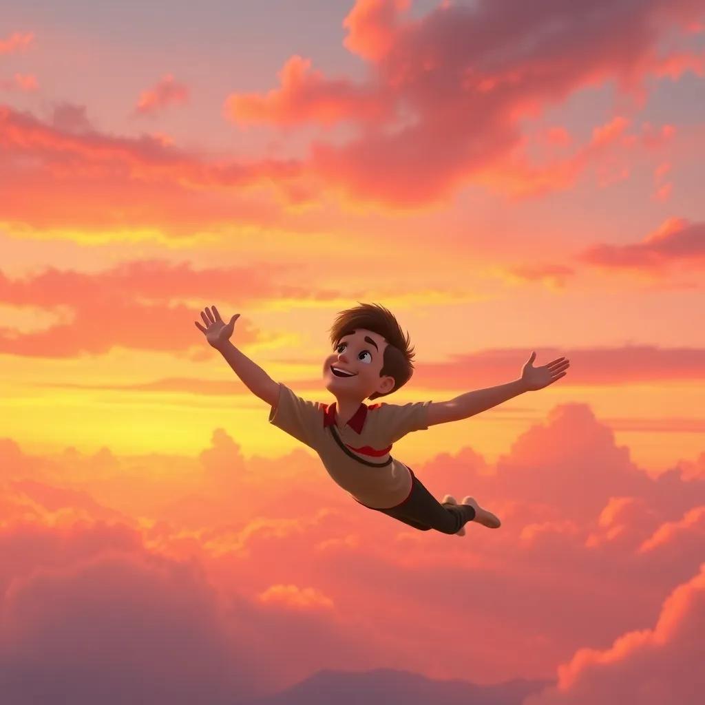 James flying through a beautiful sunset sky, with oranges and pinks blending together, feeling grateful, calm and peaceful atmosphere, glowing colors, serene scene, high quality