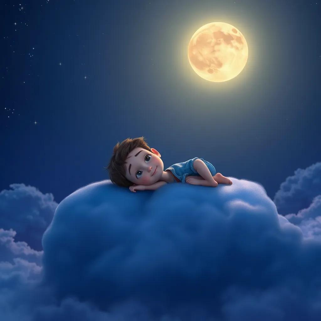 James resting on a cloud at night, looking up at twinkling stars and the moon, dreaming of tomorrow's adventures, imaginative setting, calming blues and purples, enchanting atmosphere, detailed