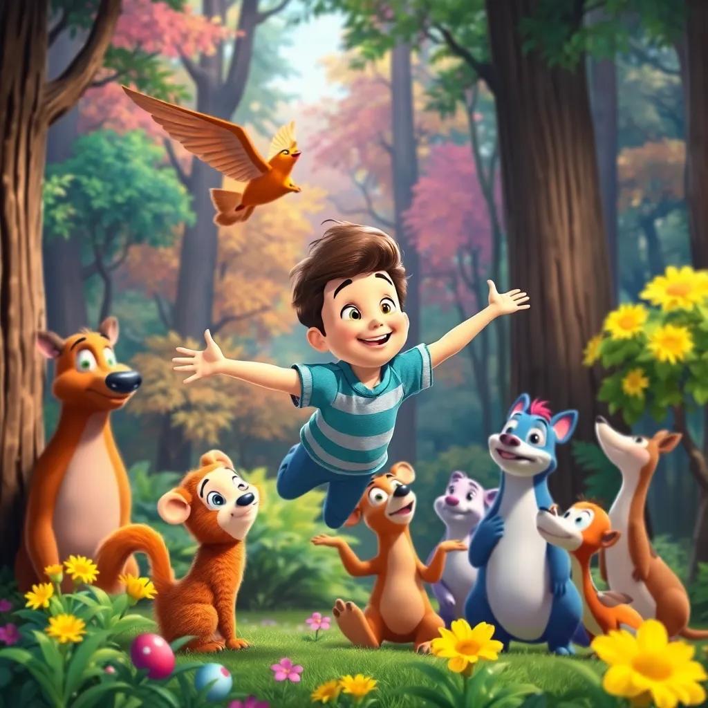 James practicing his flying alongside forest animals watching in excitement, colorful backdrop of trees and flowers, fun, lively scene, lighthearted art, cheerful vibes, high quality