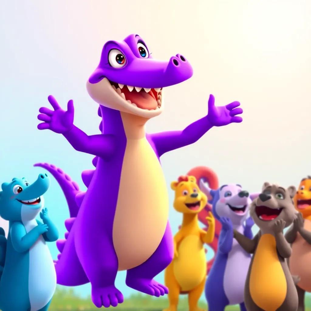 James, the flying purple crocodile, standing proudly with other animals cheering, learning to embrace being different, bright joyful colors, uplifting atmosphere, friendly and encouraging scene, detailed artwork