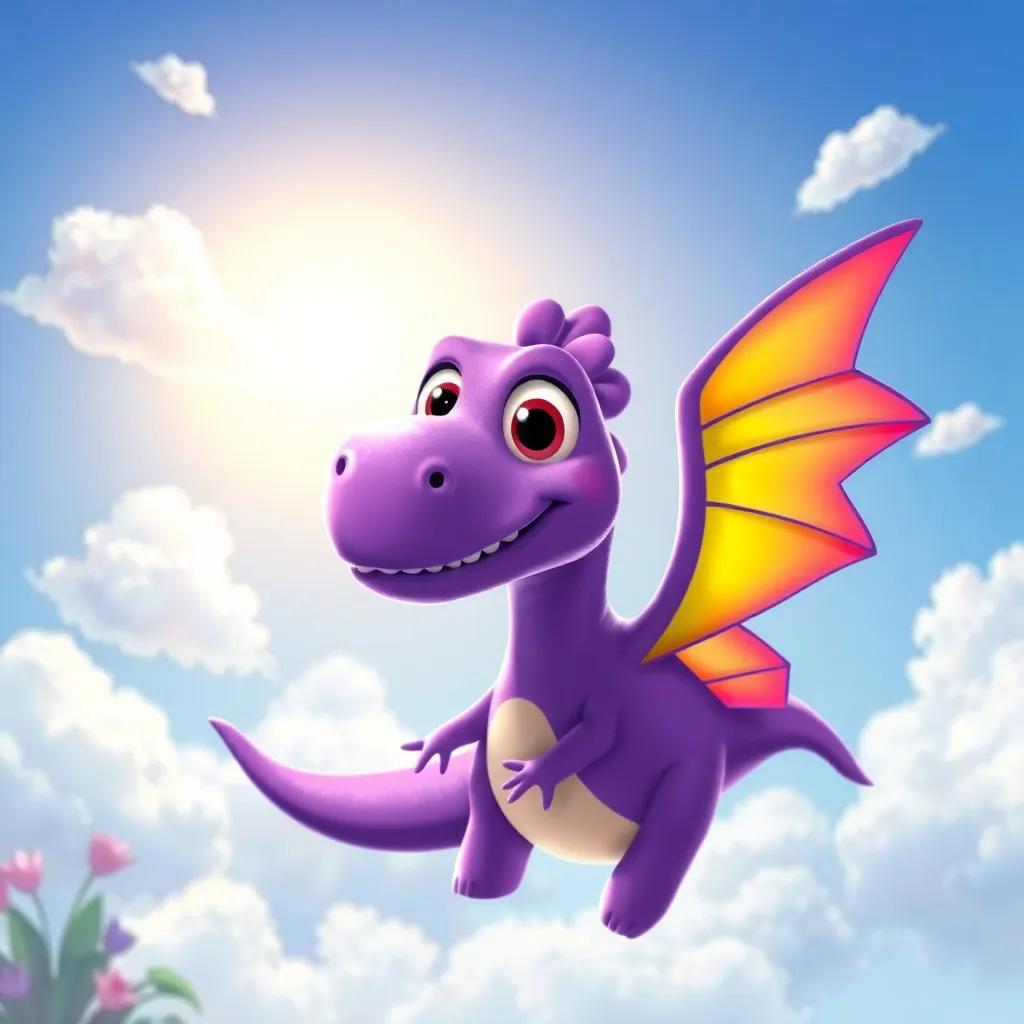 A purple dinosaur named James with big bright eyes, flapping colorful wings in a sunny sky filled with fluffy white clouds, friendly atmosphere, digital art, vibrant colors, cheerful and magical setting