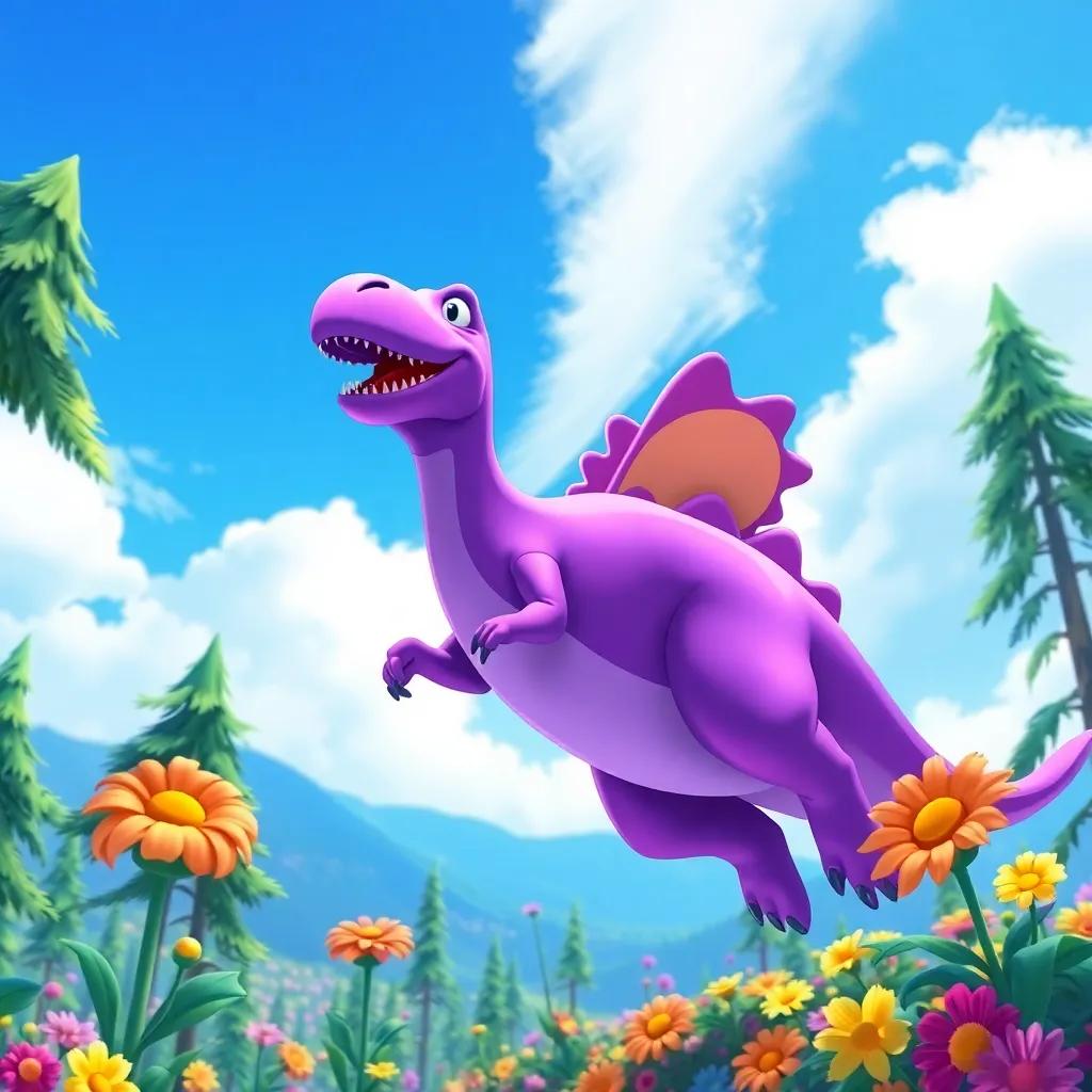 James, the purple dinosaur, soaring high above a land of colorful flowers and tall green trees, surrounded by a bright blue sky, joyful mood, detailed illustration, lively colors, playful perspective