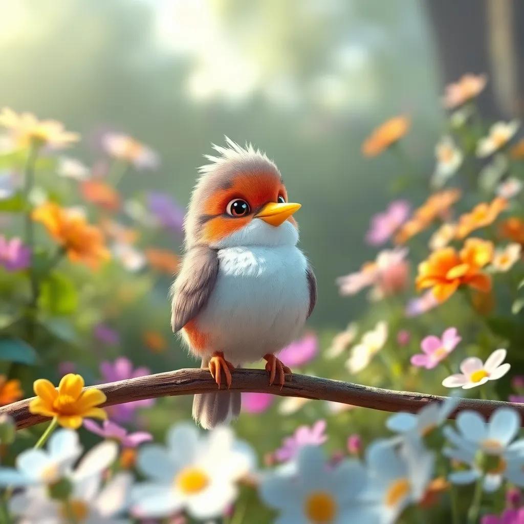 A little bird named Mia, fluffy and cheerful, sitting on a branch, looking at James with bright eyes, in a garden full of flowers, soft light, whimsical, colorful scene