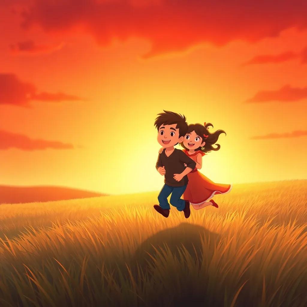James and Mia landing on a soft meadow of grass at sunset, with a red sky and golden light, feeling happy and fulfilled, heartwarming illustration, warm colors, inviting atmosphere