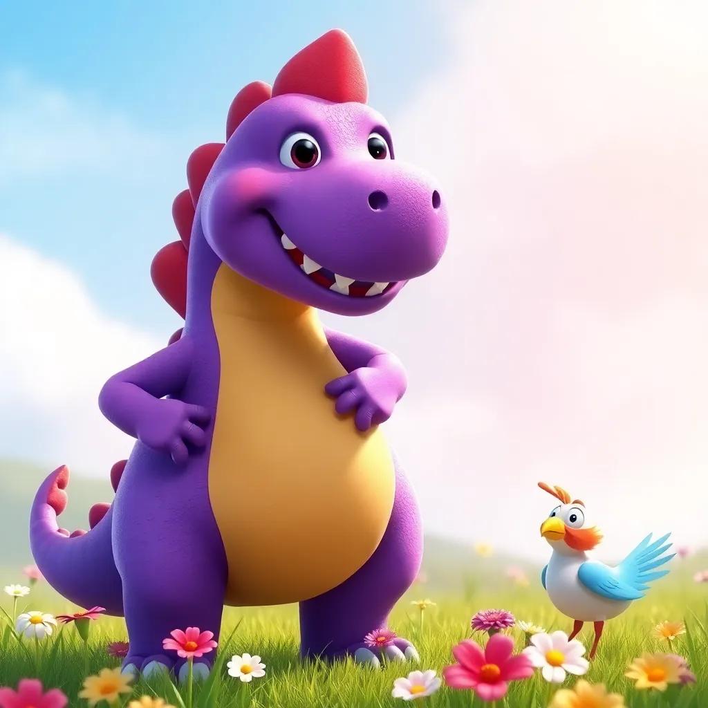 James, the purple dinosaur, puffed up with pride, standing on the grass with Mia the bird, surrounded by flowers, feeling happy, bright colors, uplifting scene, child-friendly