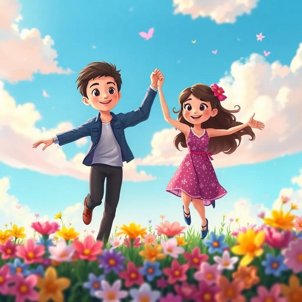 James and Mia dancing in the sky, with colorful flowers below, creating a magical friendship scene, detailed and vibrant illustration, cheerful mood