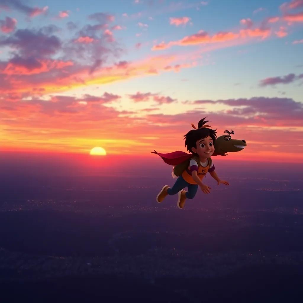 A beautiful sunset over James and Mia's flying adventures, with colors fading into the night sky, ending a joyful day, calming scene, rich hues, peaceful vibe