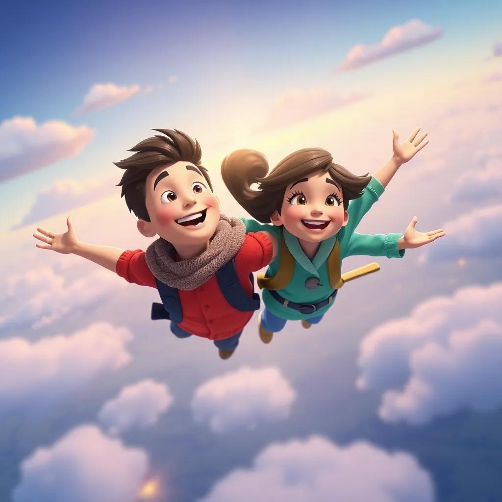James and Mia, side by side flying high, feeling the joy of friendship as they soar, colorful and whimsical, capturing their bond, delightful imagery