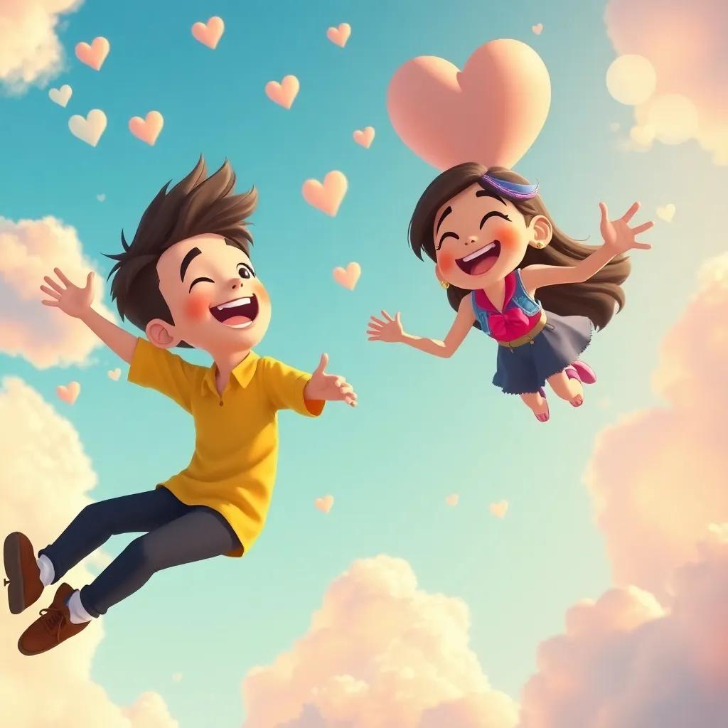James and Mia sharing their dreams in the sky, with laughter and happy expressions, creating a joyful atmosphere, bright colors, playful and energetic, uplifting art