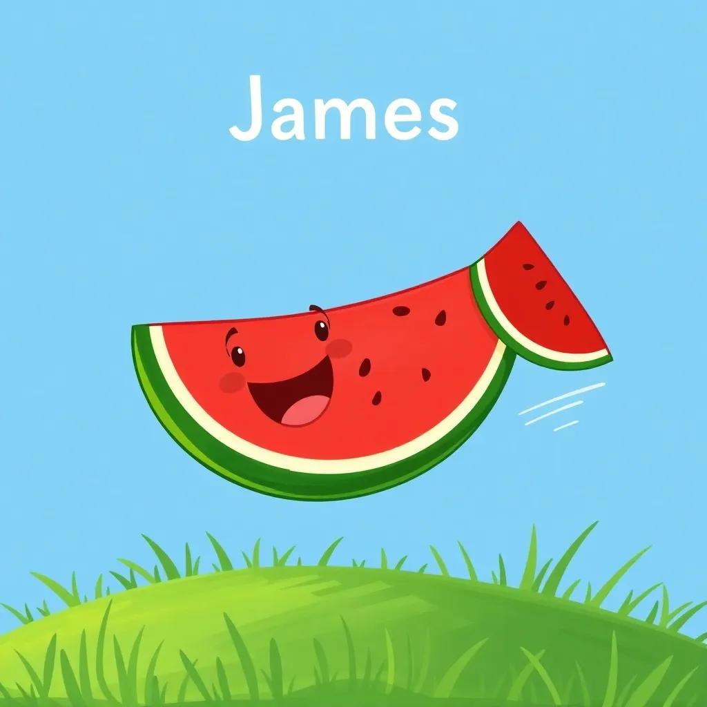 A flying watermelon named James soaring through a bright blue sky, with a big green patch of grass below, joyful expression, cartoon style, vibrant colors, cheerful atmosphere, high quality