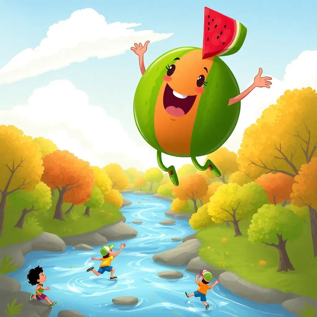 James, the flying watermelon, dancing in the air above trees and rivers on a sunny day, with kids playing beneath, playful and whimsical, digital art, colorful, joyful scene, high quality