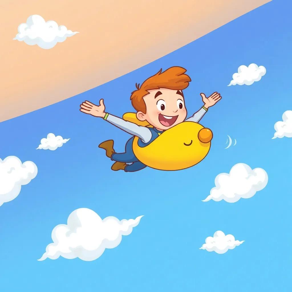 James performing flying tricks with loops and spirals in the sky, surrounded by fluffy clouds that seem to giggle, animated style, vibrant colors, happy and dynamic, high quality