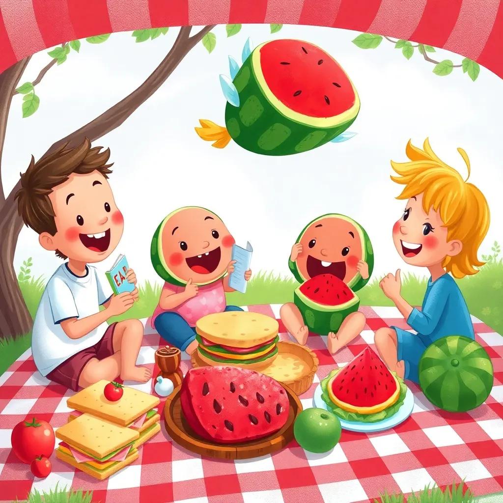 A picnic scene below with fruits and sandwiches, James the flying watermelon sharing stories, laughter, friends gathered on a checkered blanket, cheerful, colorful illustration, high quality