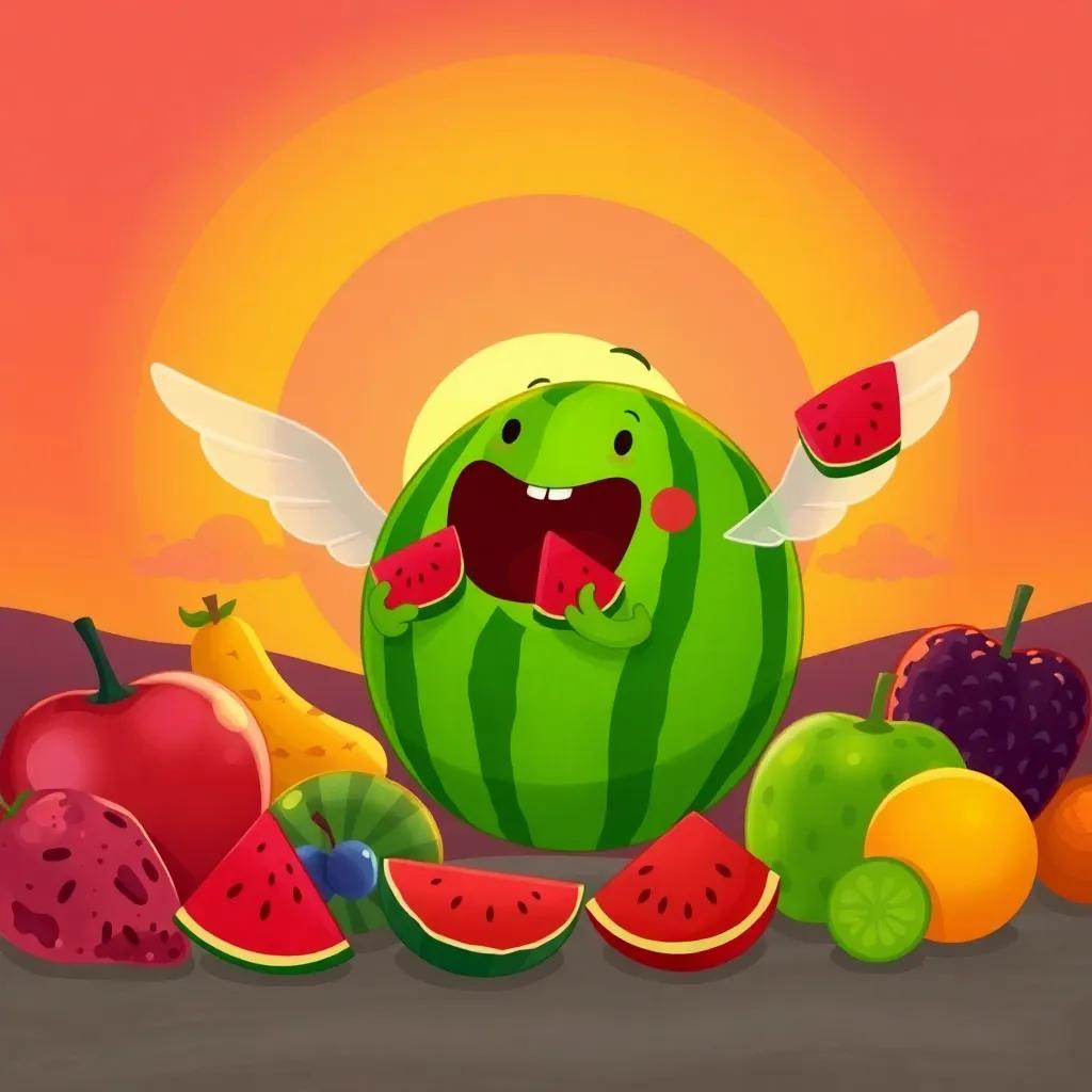 James the flying watermelon sharing juicy slices with fruits at sunset, all fruits enjoying the moment together, warm colors of sunset reflecting joy, heartwarming, high quality