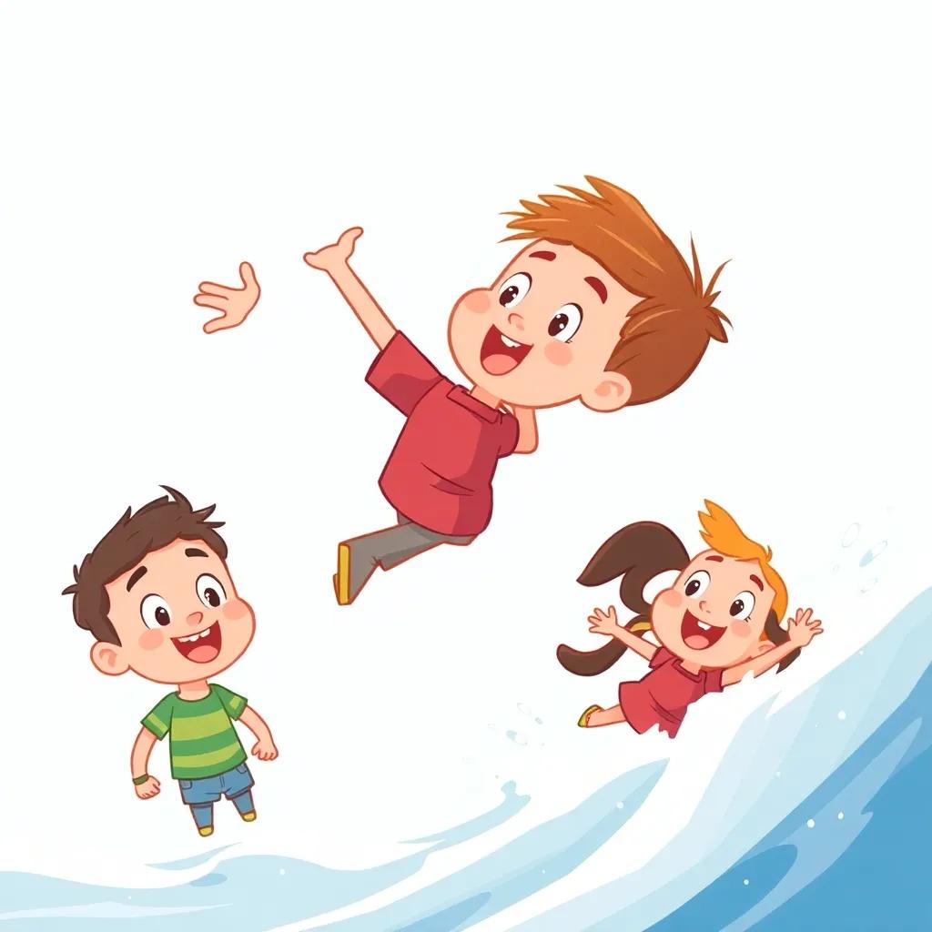 James feeling the cool breeze while floating away playfully, friends looking on with happy expressions, cartoon style, bright and cheerful, high quality