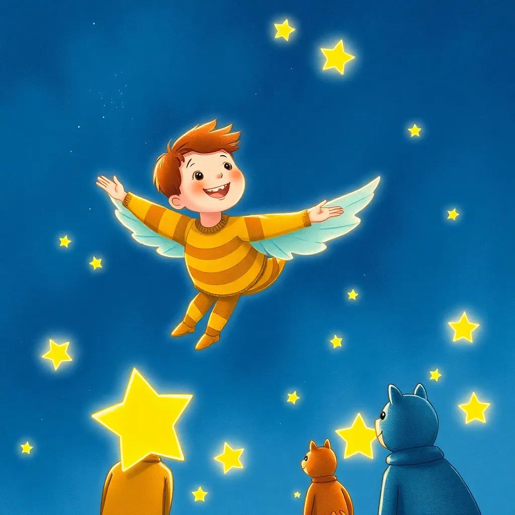 James soaring high into the starry night sky, looking back with a warm smile at friends below, glowing stars around, whimsical, dreamlike quality, high quality