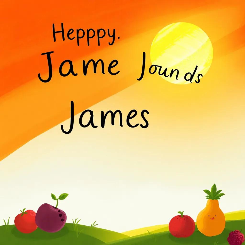 A bright sunset scene with fruits celebrating James's joyful spirit, colors of orange and red in the sky, uplifting, warm, friendly atmosphere, high quality