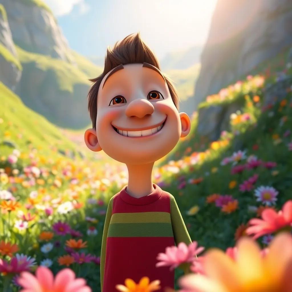 A friendly giant, James, with a warm smile, standing in a big green valley filled with colorful flowers, sunlight shining, cheerful, digital art, bright colors, inviting atmosphere, high quality