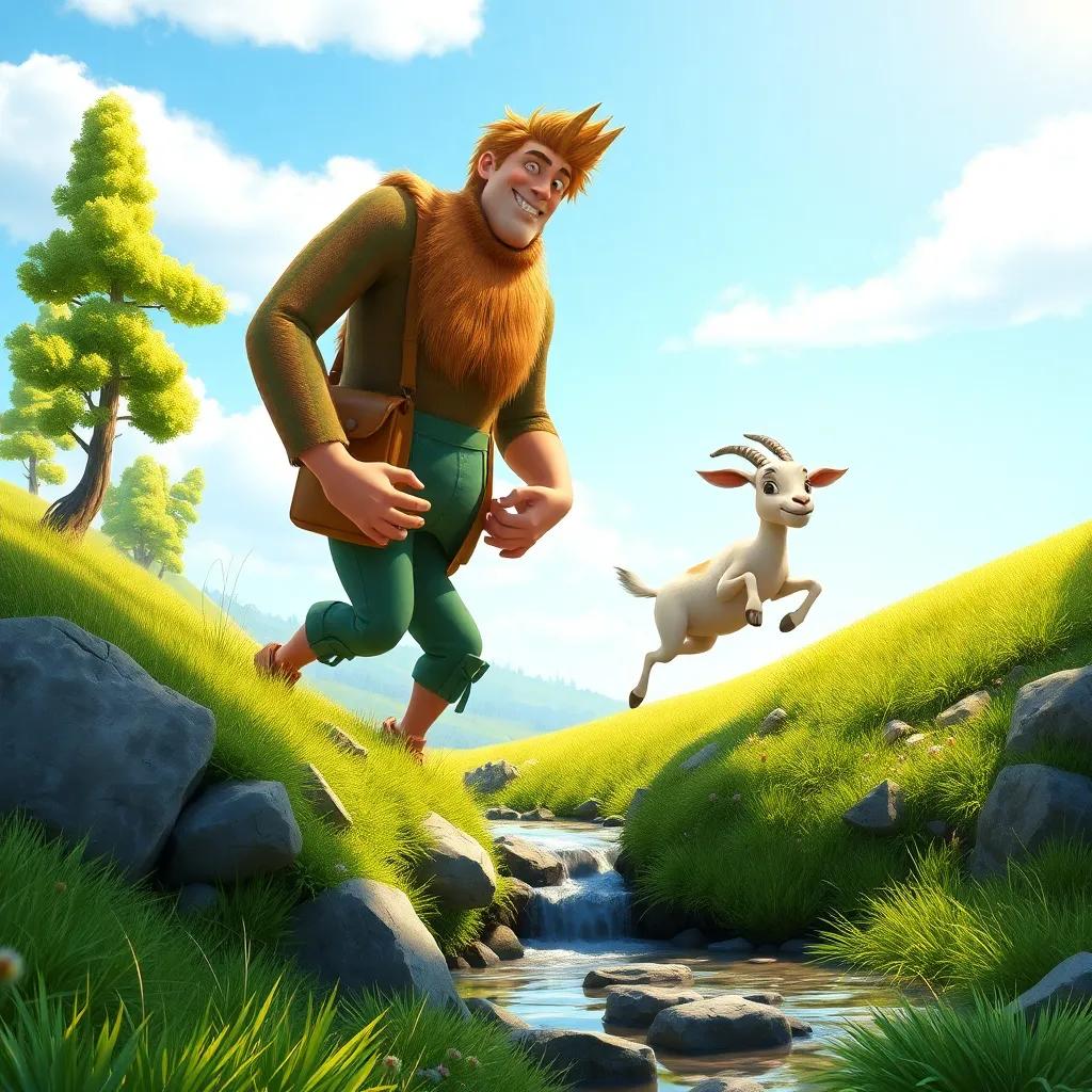 James the giant, with Billy the goat jumping beside him, exploring nature on a sunny day, climbing hills and crossing a stream, joyful scene, vibrant, cheerful, child-friendly