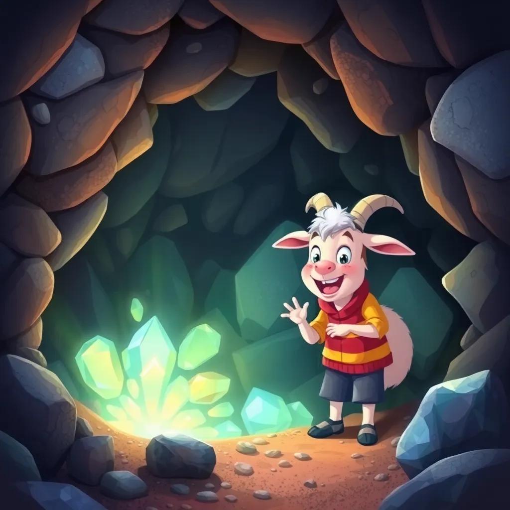Billy the goat, happily discovering a hidden cave filled with shiny rocks, James peering inside with excitement, magical atmosphere, colorful, fun, fantasy, illustration