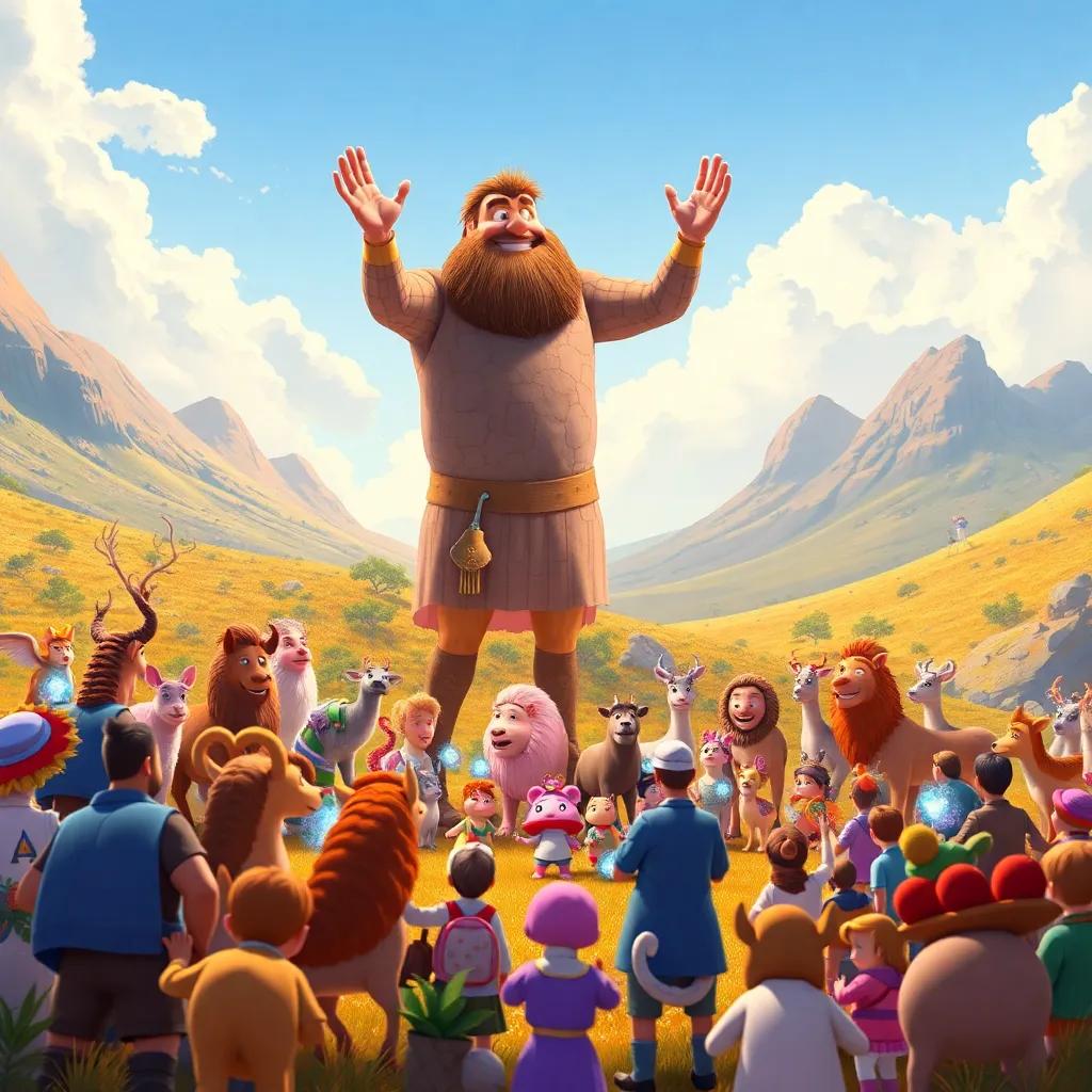 James the giant, standing tall, with animals gathered around him, displaying shiny rocks in a circle, everyone cheering, joyful celebration in a valley, colorful, vibrant, cheerful