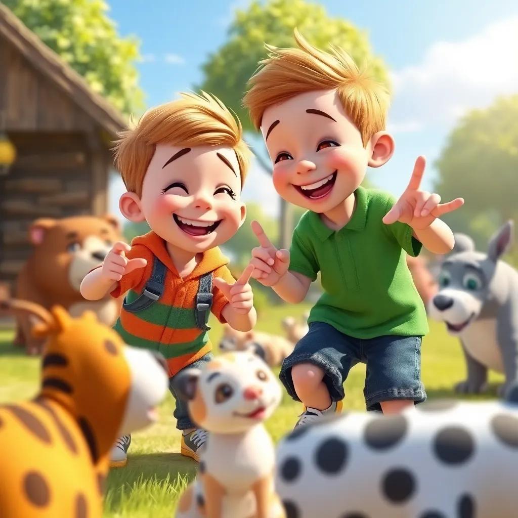 James and Billy playing games with animals, having fun tag and hide-and-seek on a sunny day, laughter and joy, colorful scene, friendly atmosphere, child-friendly