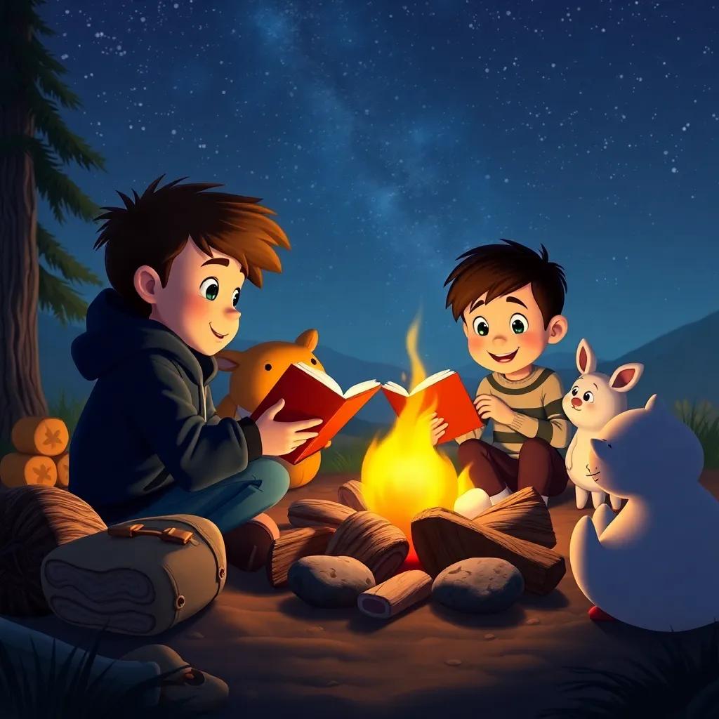 James and Billy, sitting around a campfire, sharing stories with valley animals, roasting marshmallows, a starry night sky, warm light, cozy atmosphere, heartwarming
