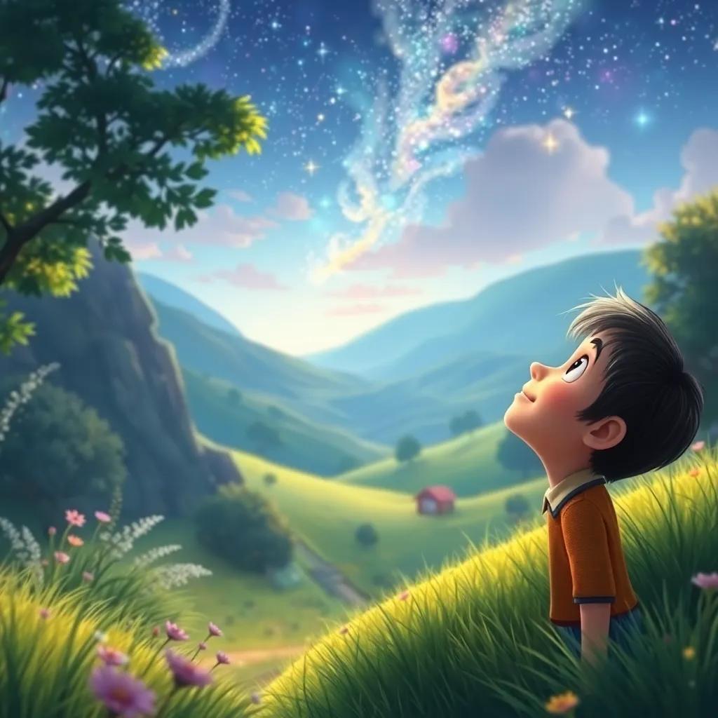 A gentle breeze blowing through the valley, Billy listening carefully with a smile and James looking up at the stars, magical feeling, colorful, uplifting, fantasy