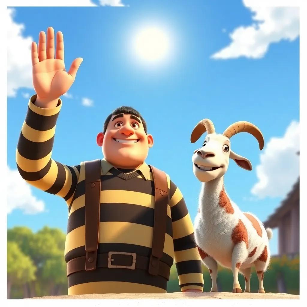 James the giant, waving goodbye to his friends after a fun day, Billy the goat smiling beside him, bright blue sky and sunshine, hopeful atmosphere, cheerful, child-friendly
