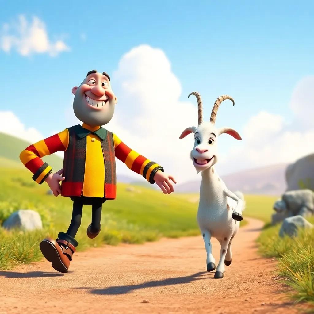 A joyful scene of James the giant and Billy the goat walking hand in hand towards new adventures, bright colors and clarity, cheerful and uplifting image, child-friendly