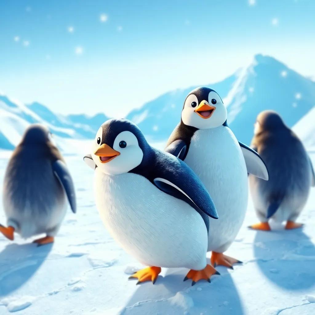 A giant penguin named James, with shiny black and white feathers, joyfully waddling on a bright icy landscape with snowflakes, cheerful and magical, vibrant colors, high angle, digital art, whimsical