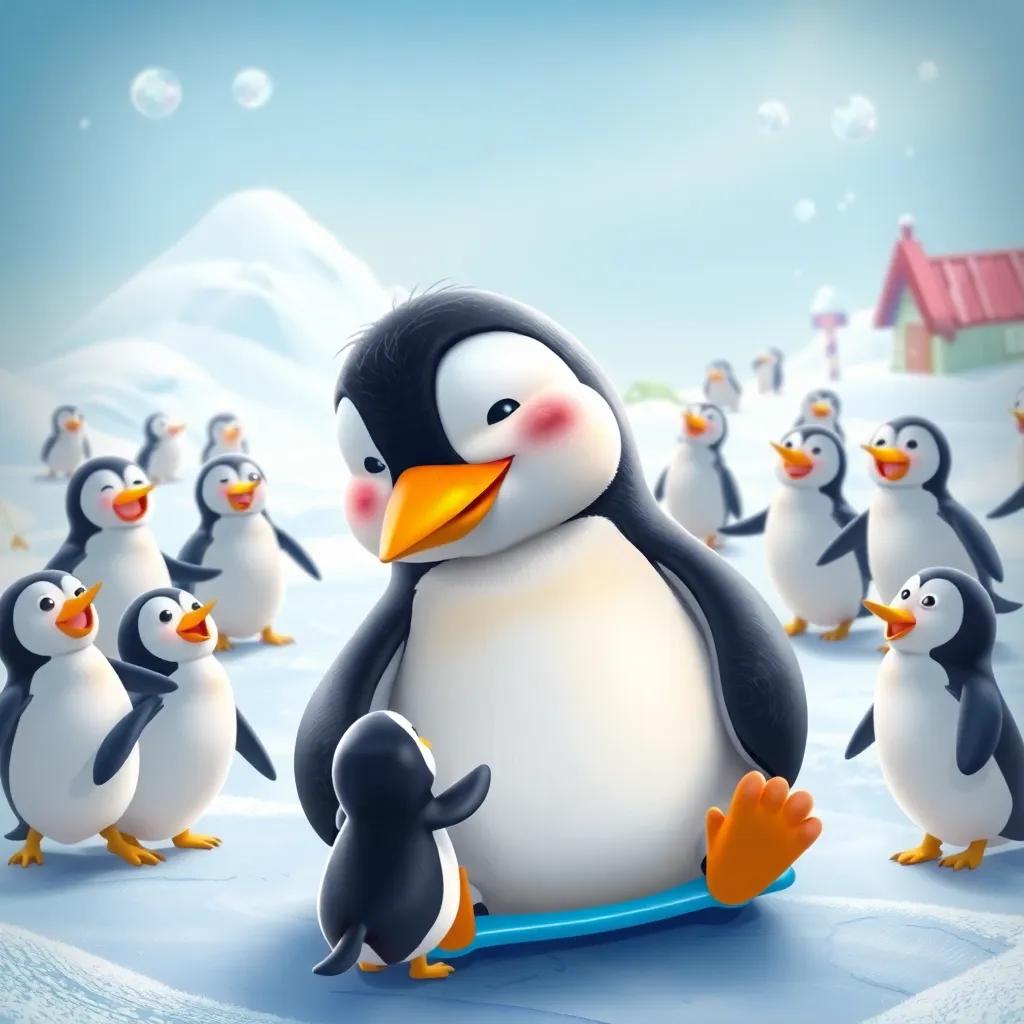 James the giant penguin, sliding on ice with joyful penguins around him, colorful snowy playground with laughter in the air, cheerful and fun, bright atmosphere, child-friendly, digital art, illustrative