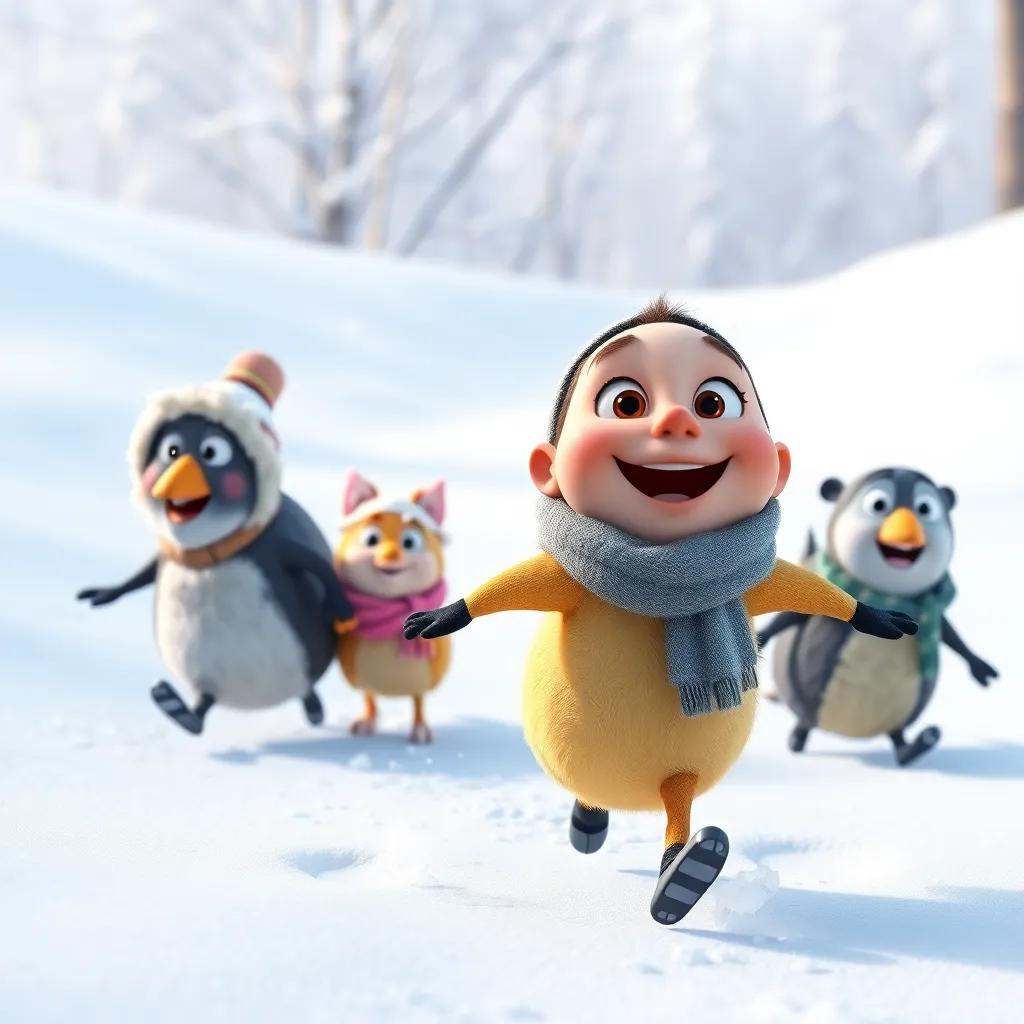 James discovering a shimmering ice crystal, glowing and sparkling brightly under the sun, surrounded by curious penguins, magical scene, soft colors, engaging perspective, digital art, fantasy