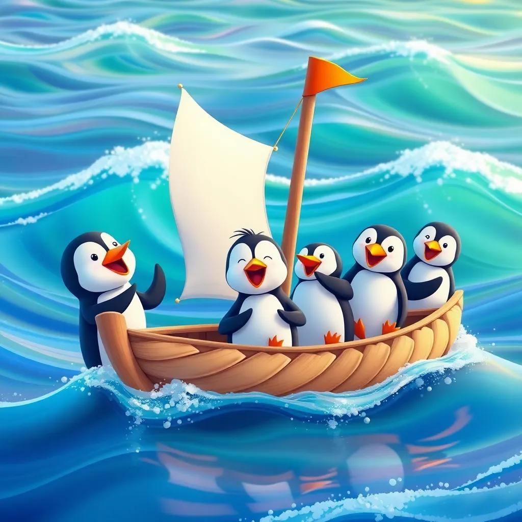 James and his penguin friends building a feather sailboat, filled with excitement and laughter, colorful ocean waves in the background, adventure and joy, bright colors, heartwarming, child-friendly, digital illustration