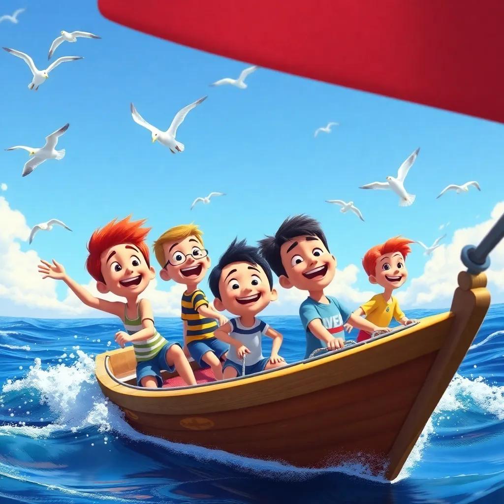 James and the gang sailing on the ocean, with a backdrop of sunny skies and flying seagulls, joyful expressions, adventure in every wave, bright colors, dynamic perspective, digital art, engaging