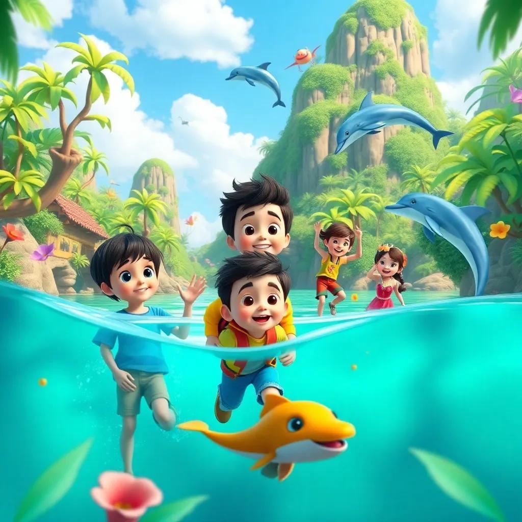 James and his friends exploring a vibrant island, lush greenery and dancing dolphins, a scene filled with wonder and delight, colorful and lively, child-friendly, digital art, imaginative and cheerful